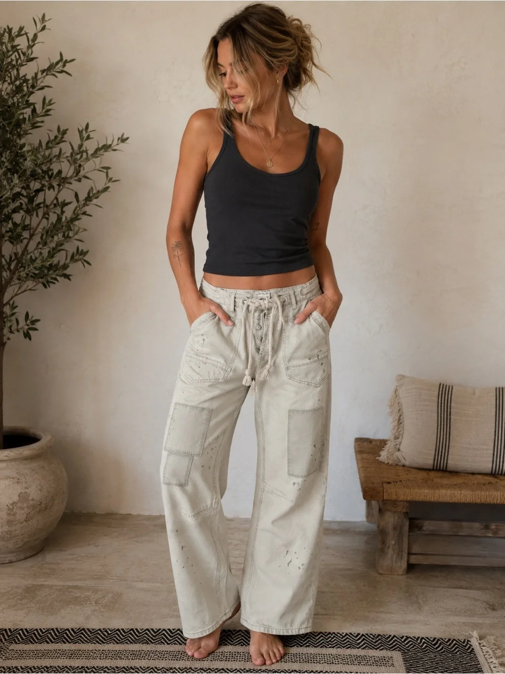 We The Free Moxie Low Slung Pull On Drawstring Barrel Jeans - Picture 1 of 7
